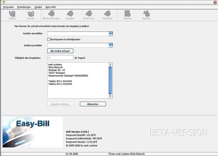 Screenshot vom Programm: easy-bill Rechnungen